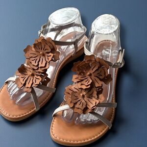 Brunate Italy Leather Floral Wedge Sandals Beige Cognac Brown Womens 40